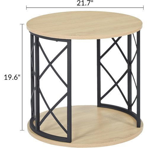 Modern Round End Table with Open Storage Shelf, Metal Frame with Wood Finish Top, Easy Assembly Side Table for Living Room, Bedroom, Office