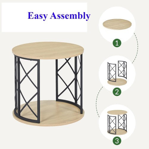 Modern Round End Table with Open Storage Shelf, Metal Frame with Wood Finish Top, Easy Assembly Side Table for Living Room, Bedroom, Office