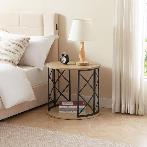 Modern Round End Table with Open Storage Shelf, Metal Frame with Wood Finish Top, Easy Assembly Side Table for Living Room, Bedroom, Office