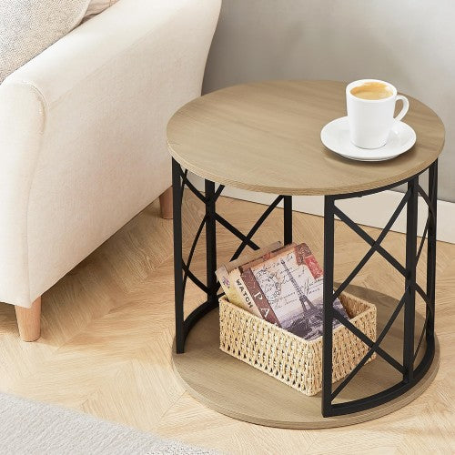 Modern Round End Table with Open Storage Shelf, Metal Frame with Wood Finish Top, Easy Assembly Side Table for Living Room, Bedroom, Office