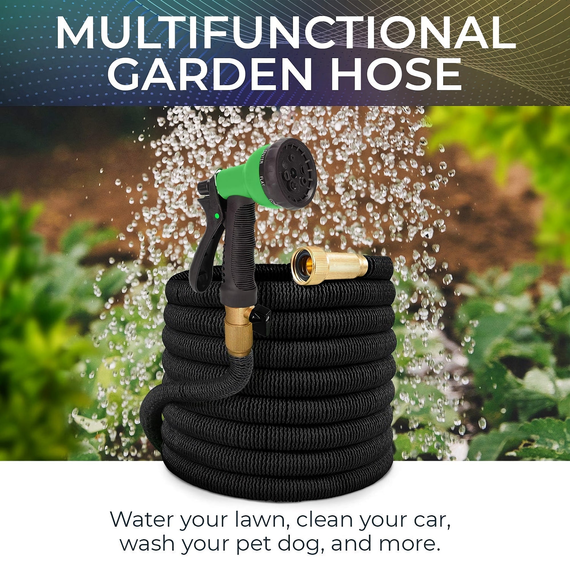 25 FT Expandable Garden Hose, Lightweight Anti Kink Flexible Garden Hose with 8 Function Nozzle, 3/4 inch Diameter, Extra Strength Fabric (Black) - JB25