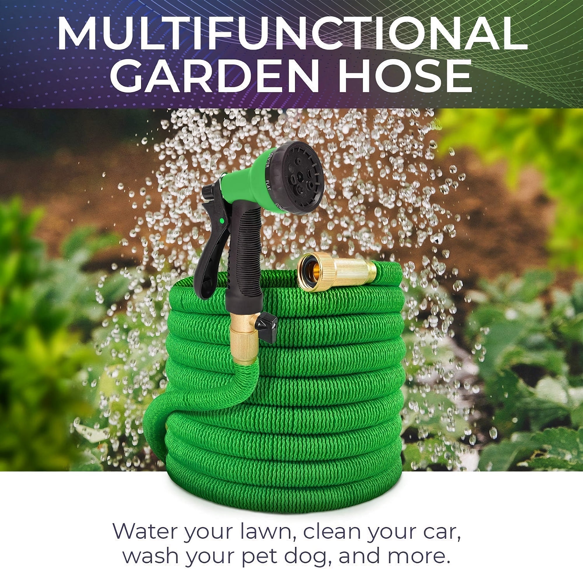25 FT Expandable Garden Hose, Lightweight Anti Kink Flexible Garden Hose with 8 Function Nozzle, 3/4 inch Diameter, Extra Strength Fabric (Green) - JG25