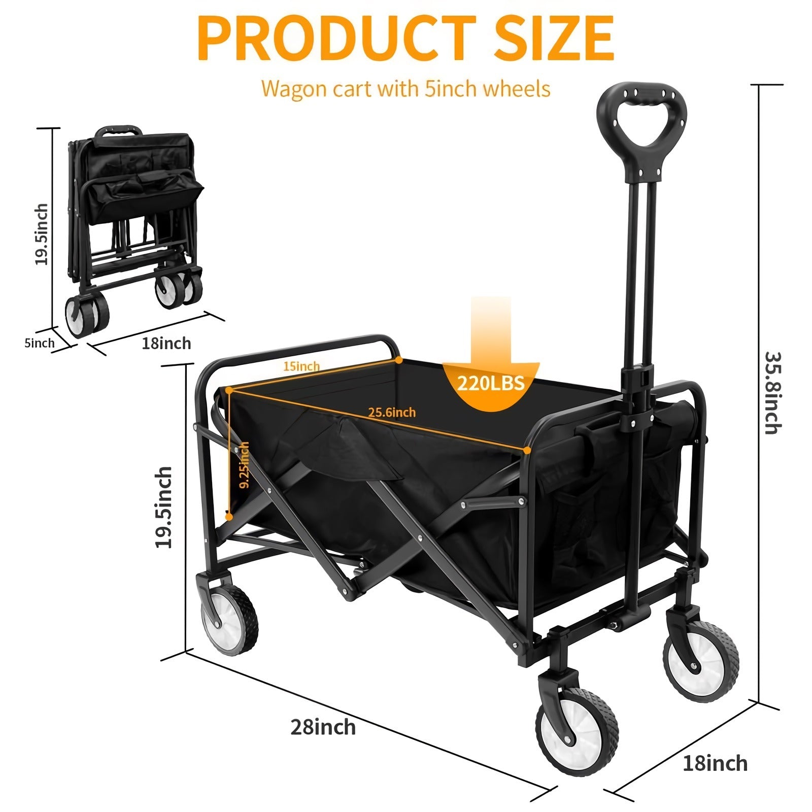 Foldable Utility Wagon, 220lbs Capacity Portable Folding Cart with Wheels for Shopping, Camping, Outdoor Activities (Black) - S23090800512900116