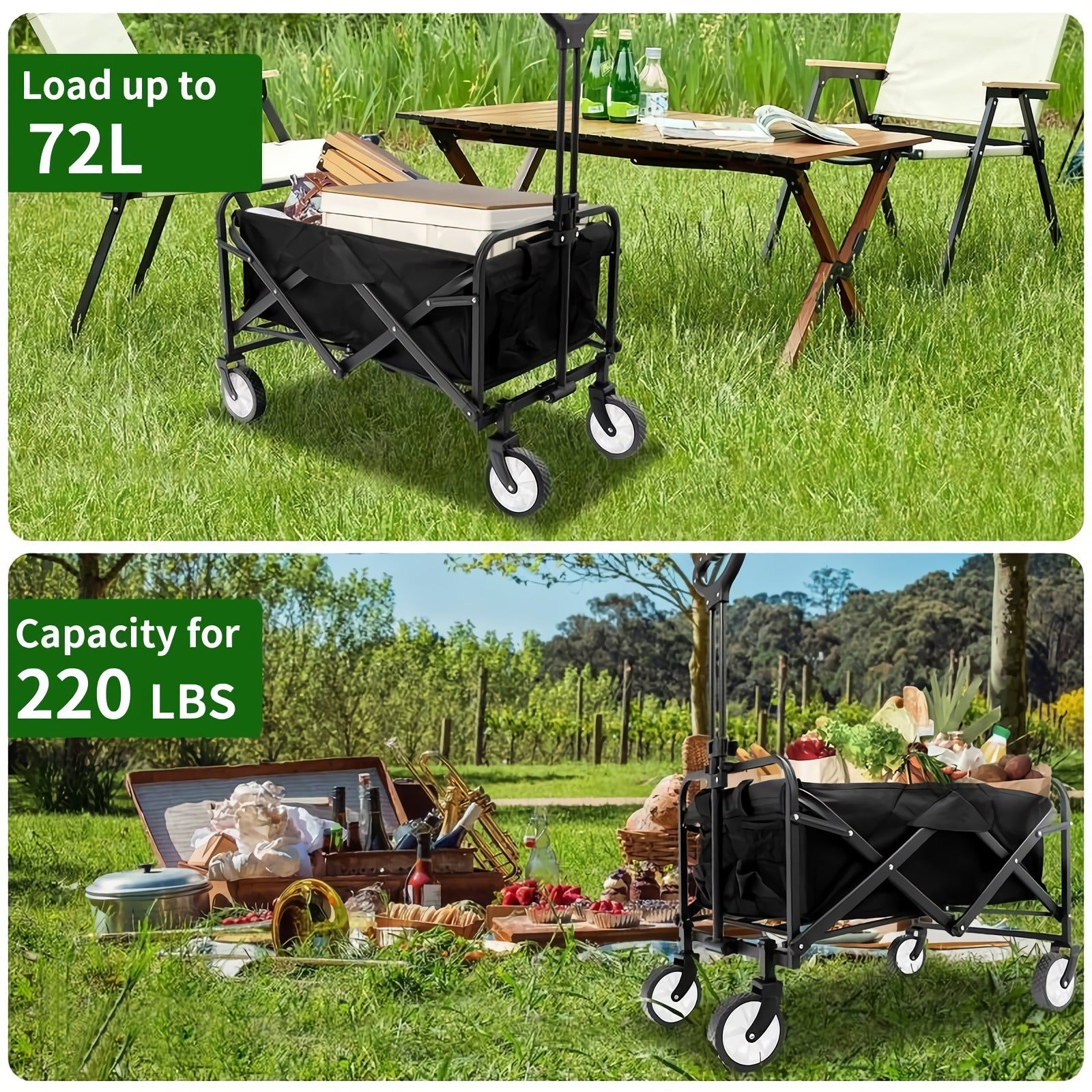 Foldable Utility Wagon, 220lbs Capacity Portable Folding Cart with Wheels for Shopping, Camping, Outdoor Activities (Black) - S23090800512900116