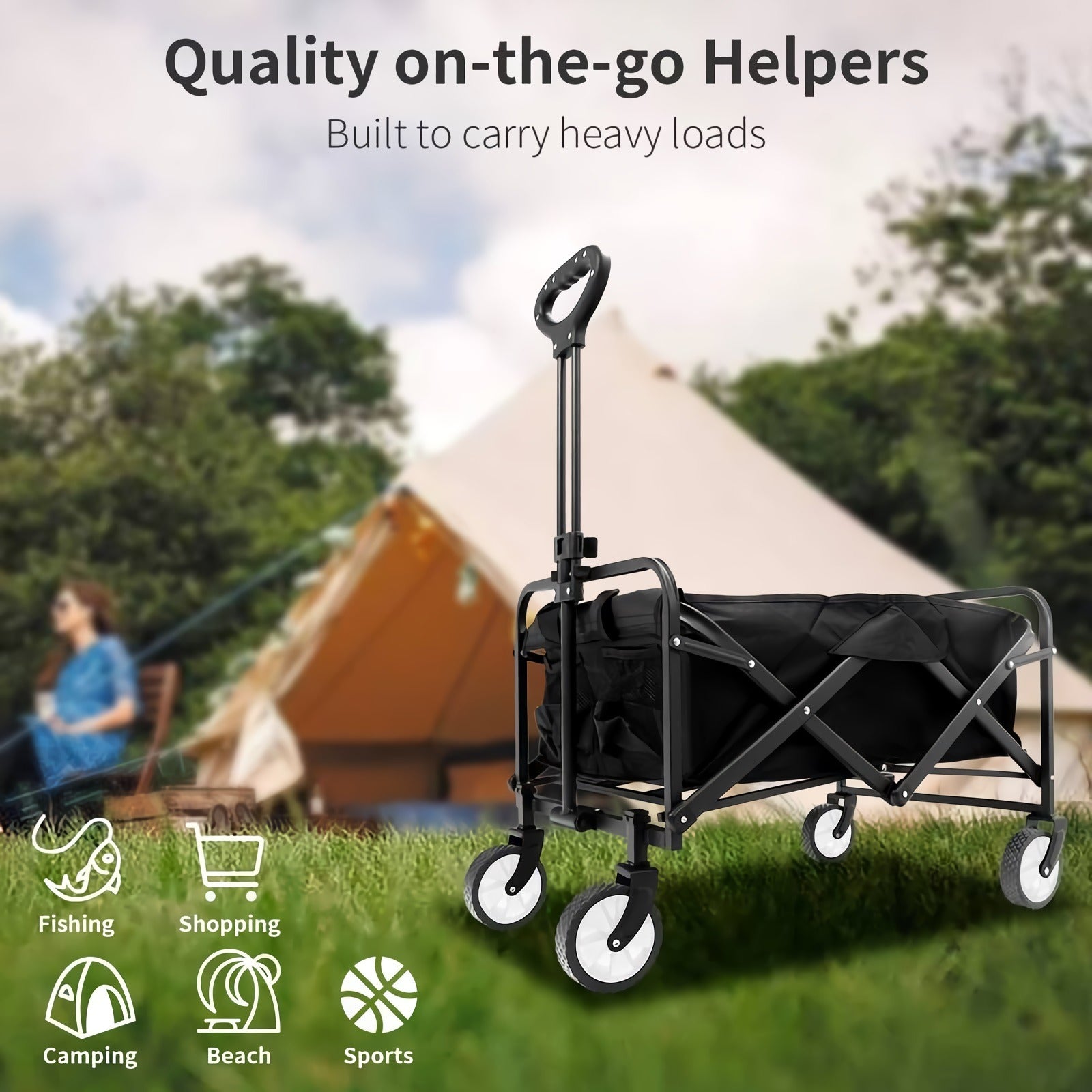 Foldable Utility Wagon, 220lbs Capacity Portable Folding Cart with Wheels for Shopping, Camping, Outdoor Activities (Black) - S23090800512900116