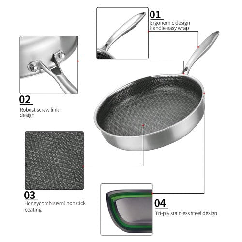 12 inch Stainless Steel Frying Pan with Lid, Non-Stick Pan with Honeycomb Coating, Anti-Scratch