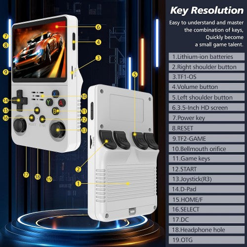 R36S Handheld Game Console, 3.5 inch IPS 10000+ Retro Games HD Dual System Game Console 128GB (White)