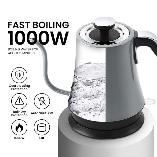 Gooseneck Electric Kettle, 1000W Stainless Steel Kettle with Auto Shut-Off, Boil-Dry Protection (Grey)