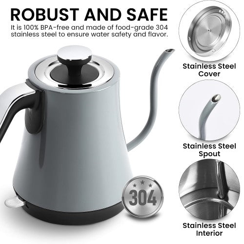 Gooseneck Electric Kettle, 1000W Stainless Steel Kettle with Auto Shut-Off, Boil-Dry Protection (Grey)