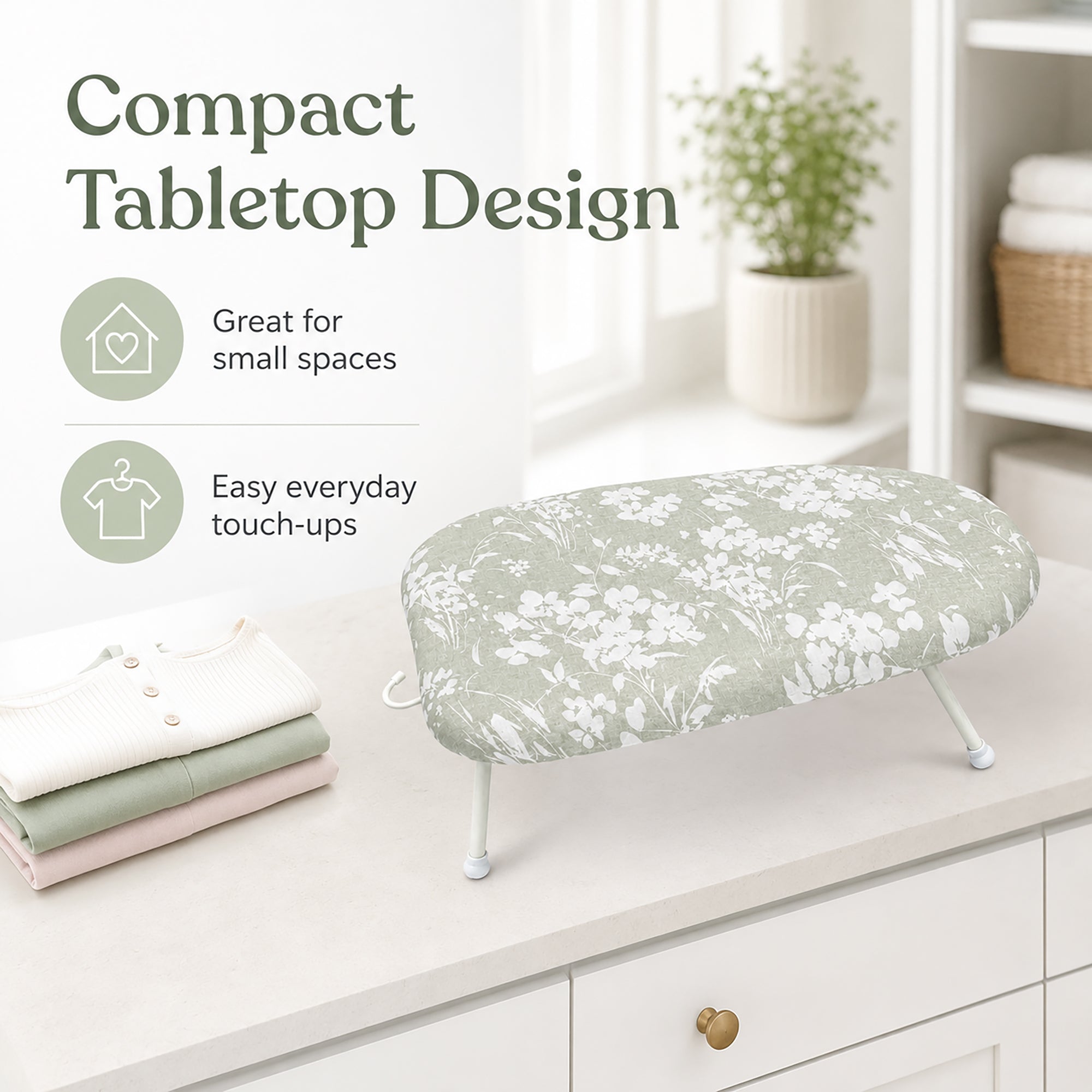 Tabletop Ironing Board with Foldable Legs & Hanging Hook Floral