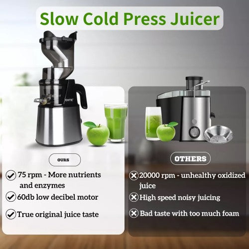 300W Cold Press Slow Juicer, Stainless Steel 5.1 Inch Feeding Chute, Pulp Juice Separation, Quiet and Efficient for Maximum Nutrient Extraction