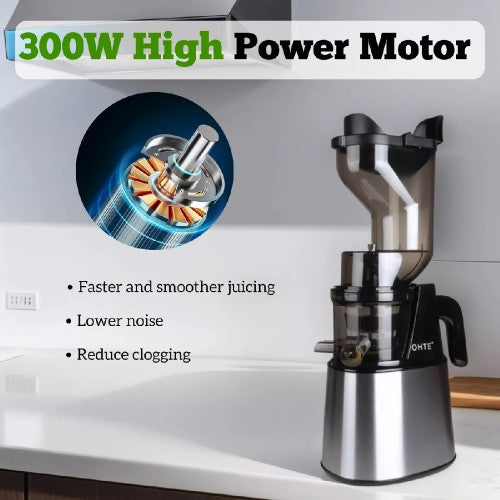 300W Cold Press Slow Juicer, Stainless Steel 5.1 Inch Feeding Chute, Pulp Juice Separation, Quiet and Efficient for Maximum Nutrient Extraction