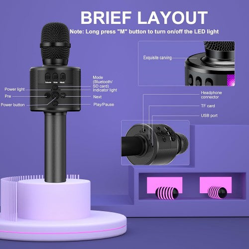BONAOK Bluetooth Wireless Karaoke Microphone, 4-in1 Portable Handheld Mic with LED Lights, Karaoke Player for Kids, Adults