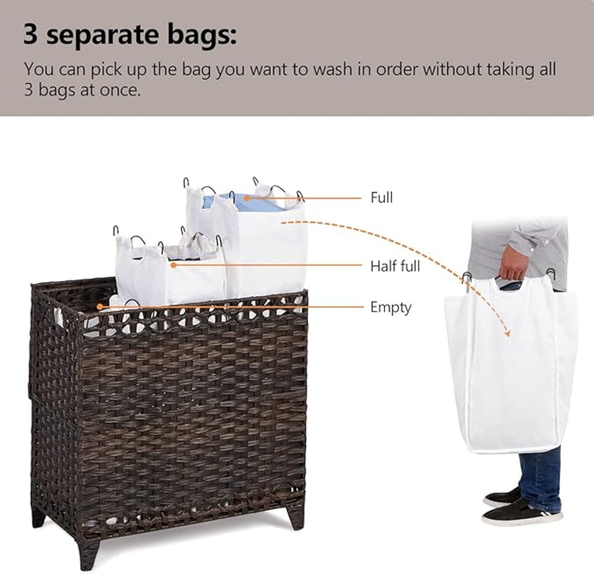Large Laundry Hamper with Lid – 132L Wicker Laundry Basket with 3 Removable Bags, Handwoven Rattan Hamper with Handles, Divided Clothes Organizer for Bedroom, Bathroom, Laundry Room Model RXKE01