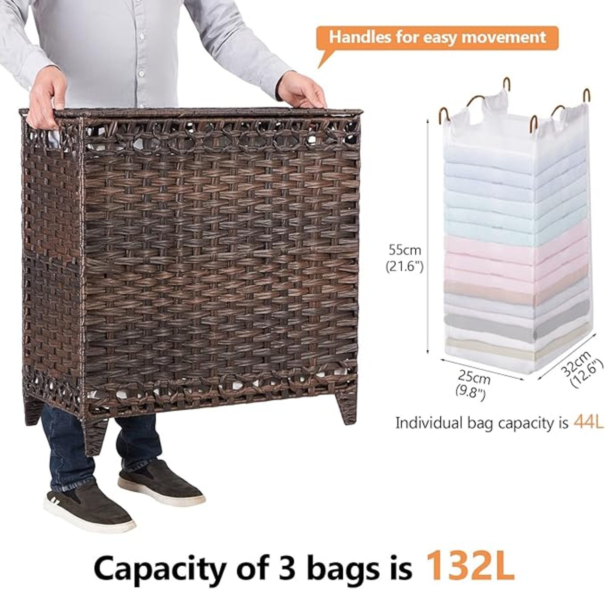 Large Laundry Hamper with Lid – 132L Wicker Laundry Basket with 3 Removable Bags, Handwoven Rattan Hamper with Handles, Divided Clothes Organizer for Bedroom, Bathroom, Laundry Room Model RXKE01