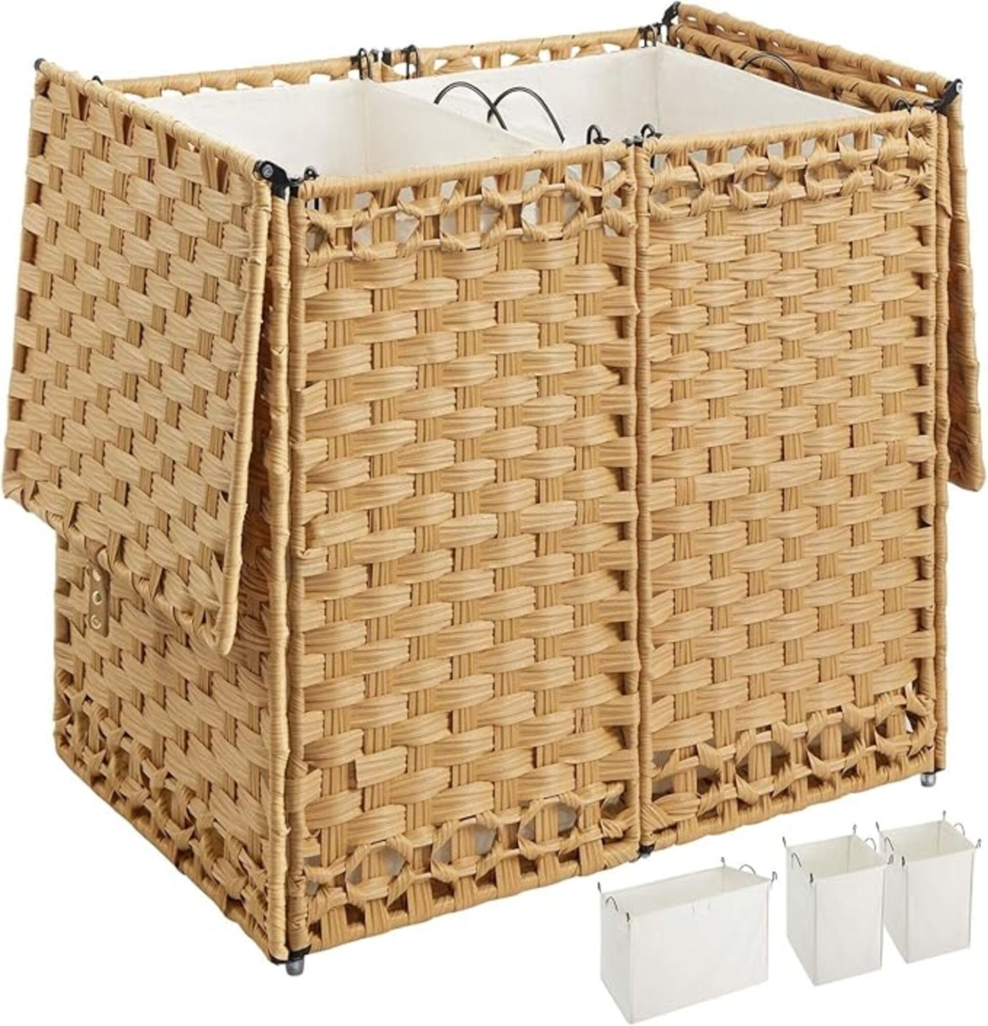 Woven Laundry Hamper with Lid, 65L Foldable Clothes Basket with 2 Removable Liner Bags, Rattan-Style Hamper with Handles for Sorting Dark & Light Laundry – Goose Yellow Model RXKE02NL
