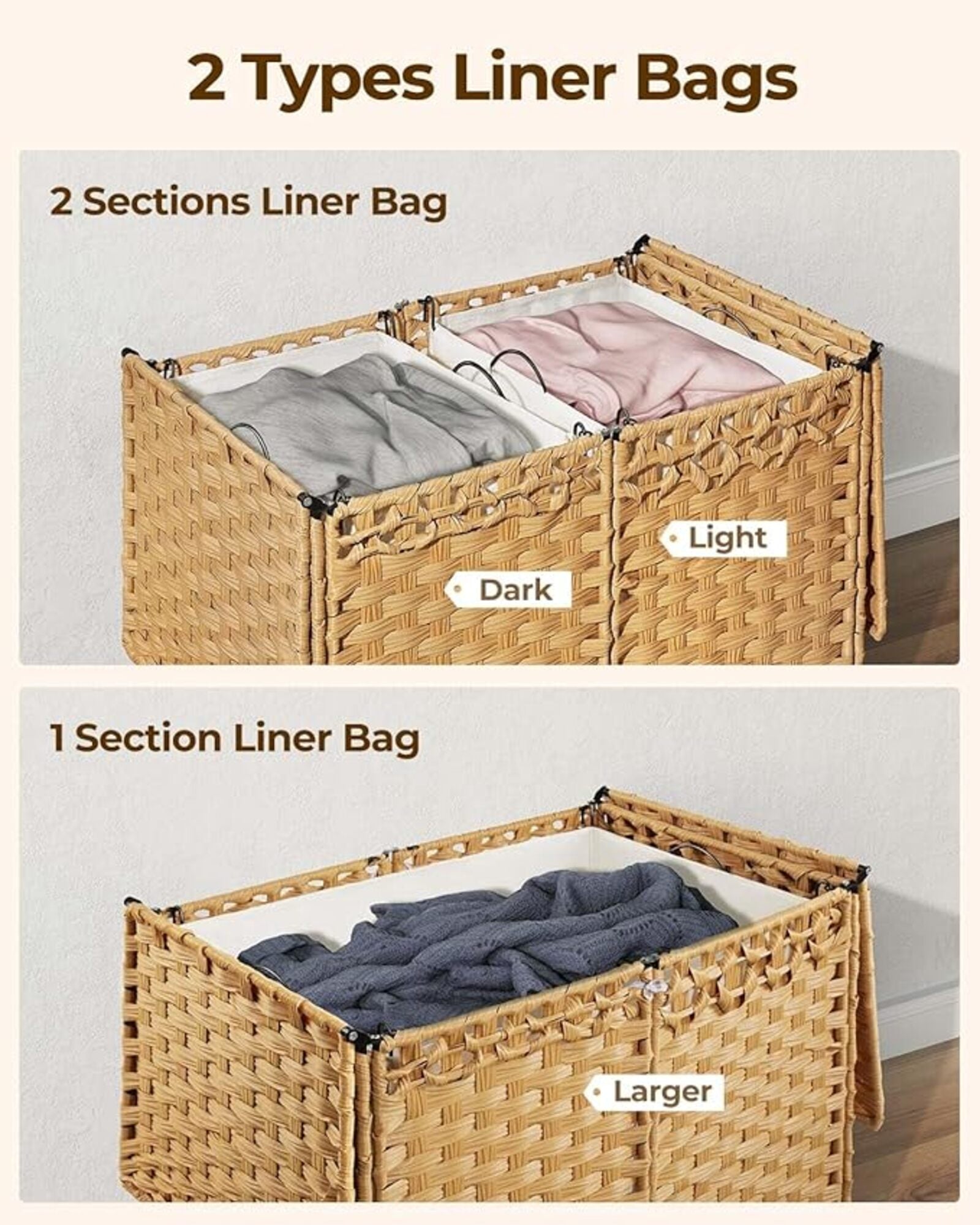 Woven Laundry Hamper with Lid, 65L Foldable Clothes Basket with 2 Removable Liner Bags, Rattan-Style Hamper with Handles for Sorting Dark & Light Laundry – Goose Yellow Model RXKE02NL
