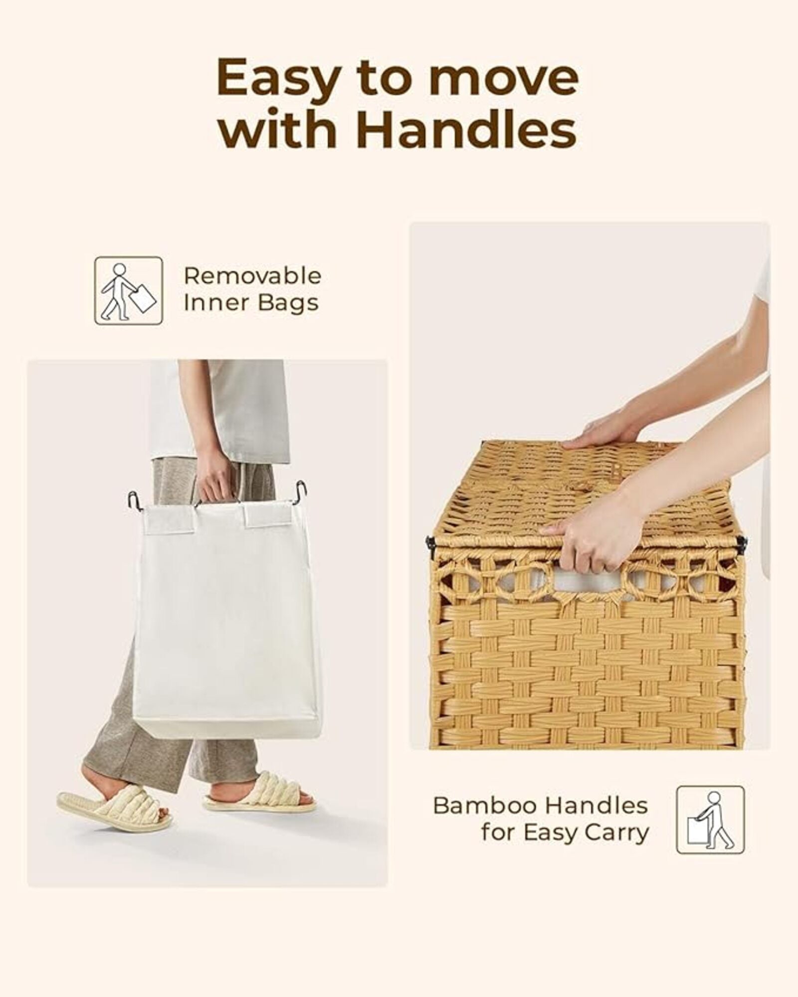 Woven Laundry Hamper with Lid, 65L Foldable Clothes Basket with 2 Removable Liner Bags, Rattan-Style Hamper with Handles for Sorting Dark & Light Laundry – Goose Yellow Model RXKE02NL