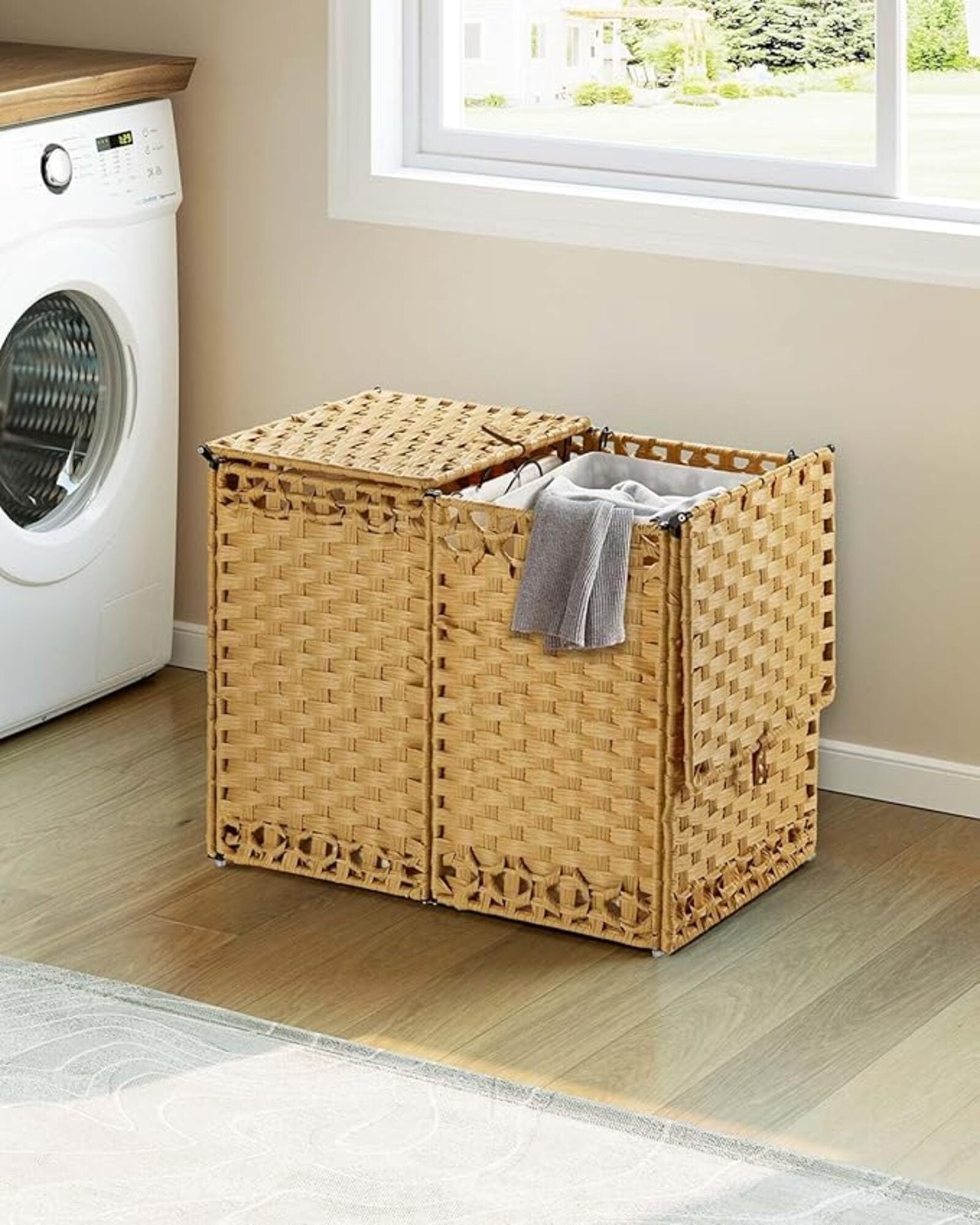 Woven Laundry Hamper with Lid, 65L Foldable Clothes Basket with 2 Removable Liner Bags, Rattan-Style Hamper with Handles for Sorting Dark & Light Laundry – Goose Yellow Model RXKE02NL