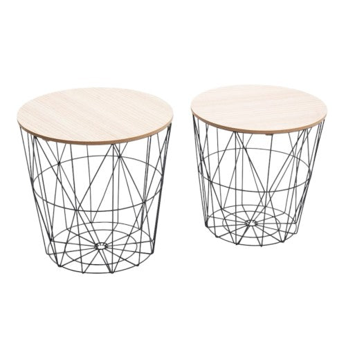 Set of 2 Nesting End Tables with Metal Storage Basket, Round Side Coffee Tables for Home, Living Room, Bedroom