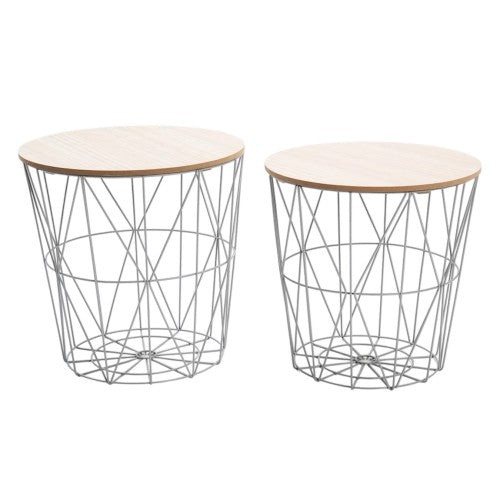 Set of 2 Nesting End Tables with Metal Storage Basket, Round Side Coffee Tables for Home, Living Room, Bedroom