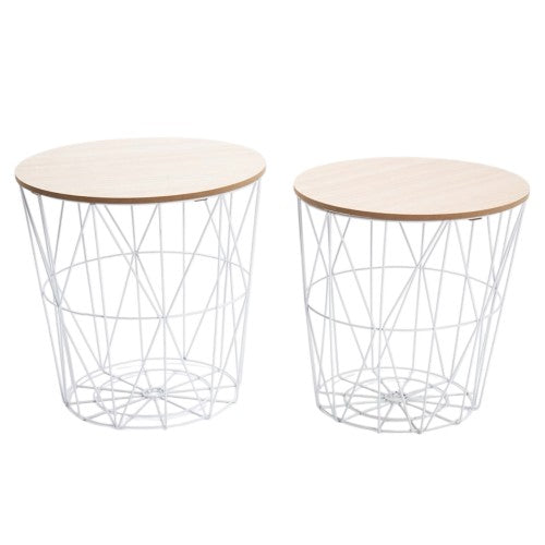 Set of 2 Nesting End Tables with Metal Storage Basket, Round Side Coffee Tables for Home, Living Room, Bedroom