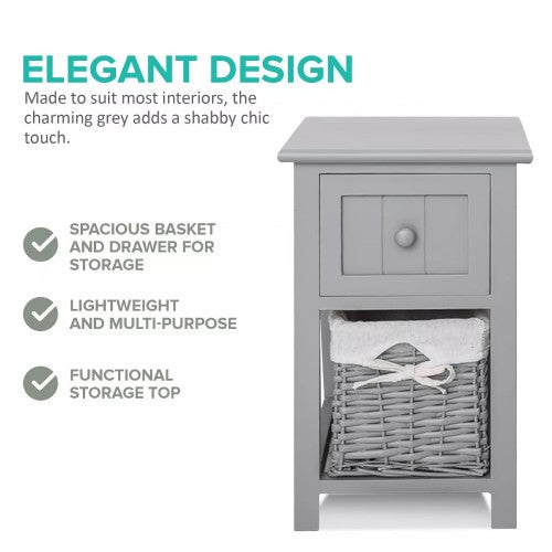 Set of 2 Nightstand, Solid Wood Bedside Table with Drawer and Wicker Basket for Home, Living Room, Bedroom 31 x 28 x 45cm (Grey)