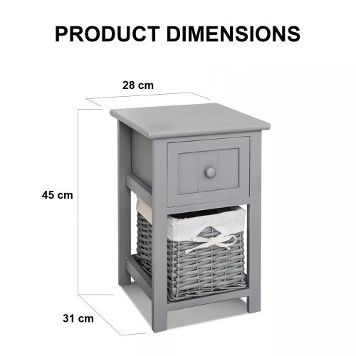 Nightstand, Solid Wood Bedside Table with Drawer and Wicker Basket for Home, Living Room, Bedroom 31 x 28 x 45cm (Grey)