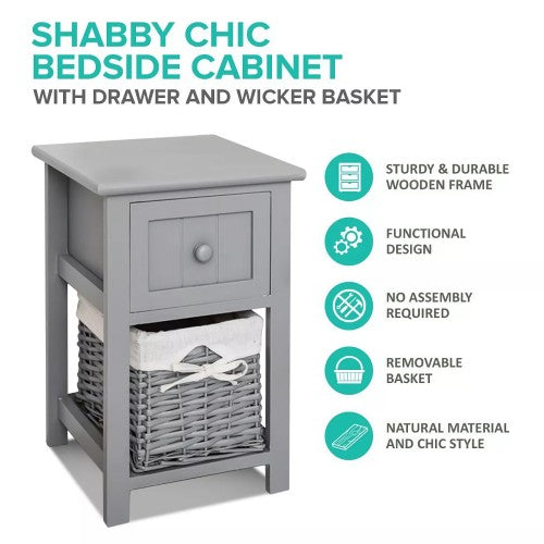 Nightstand, Solid Wood Bedside Table with Drawer and Wicker Basket for Home, Living Room, Bedroom 31 x 28 x 45cm (Grey)