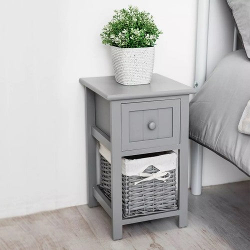 Nightstand, Solid Wood Bedside Table with Drawer and Wicker Basket for Home, Living Room, Bedroom 31 x 28 x 45cm (Grey)