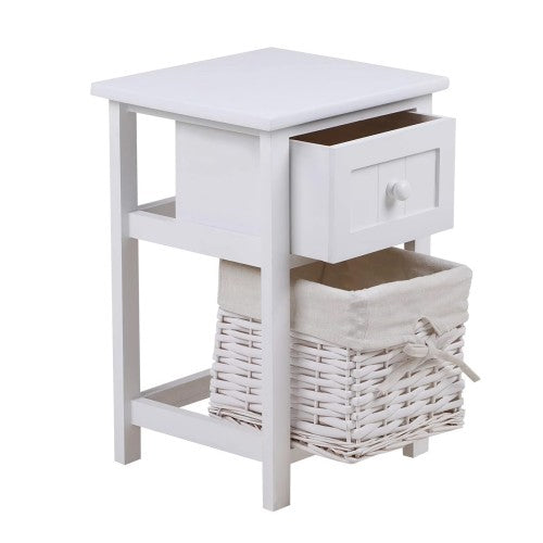 Set of 2 Nightstand, Solid Wood Bedside Table with Drawer and Wicker Basket for Home, Living Room, Bedroom 31 x 28 x 45cm (White)