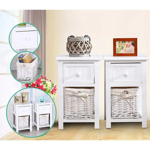 Set of 2 Nightstand, Solid Wood Bedside Table with Drawer and Wicker Basket for Home, Living Room, Bedroom 31 x 28 x 45cm (White)