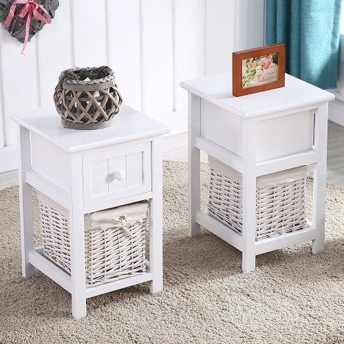 Set of 2 Nightstand, Solid Wood Bedside Table with Drawer and Wicker Basket for Home, Living Room, Bedroom 31 x 28 x 45cm (White)