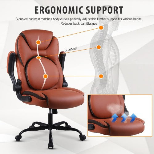 KASORIX Ergonomic Office Chair, Adjustable Swivel Chair with PU Leather, High-Back Lumbar Support, Flip-Up Armrests for Home, Office