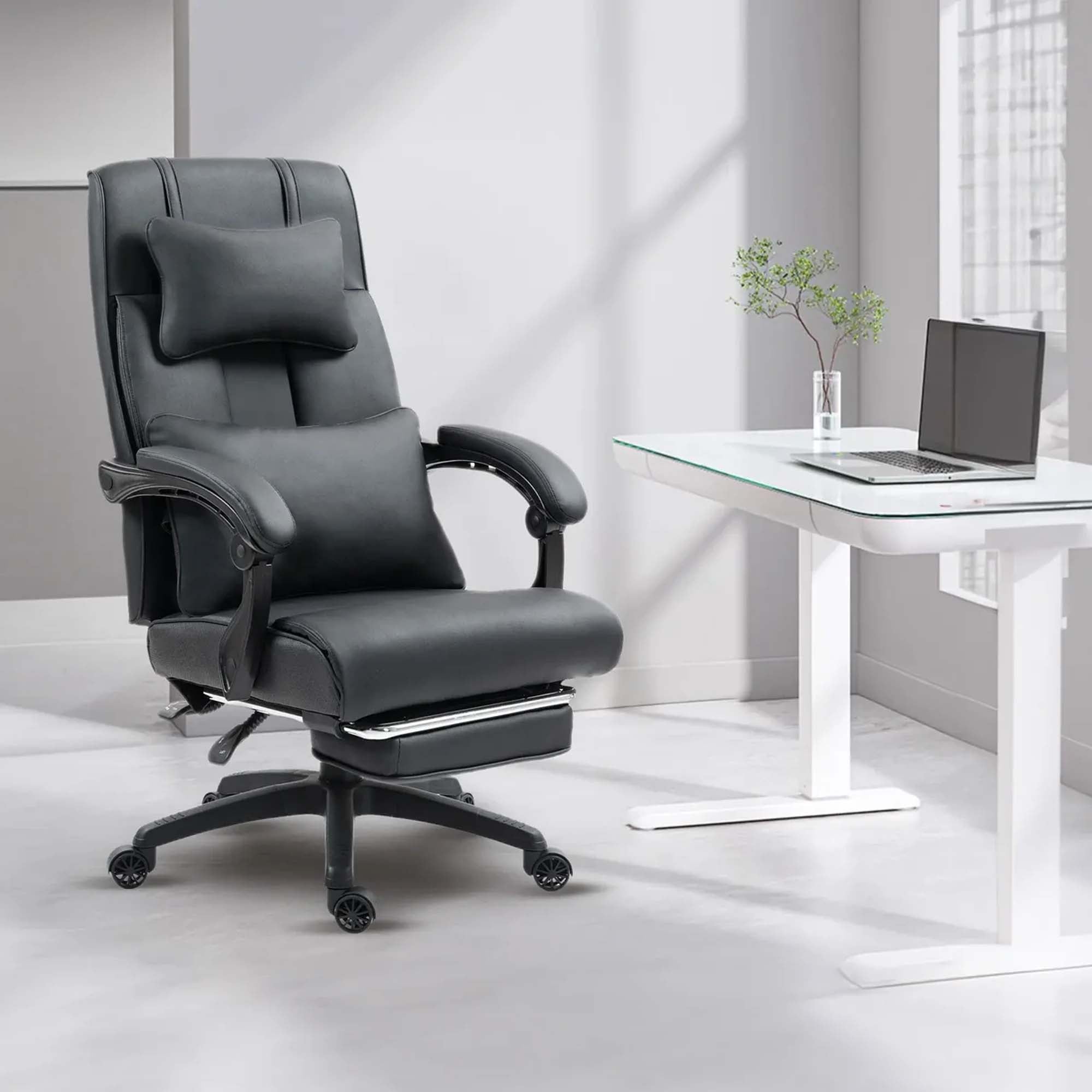 DOWINX Leather Office Chair, Ergonomic PU Gaming Computer Chair with Footrest, Lumbar Support, Swivel Wheels for Home, Office - LS-6653P
