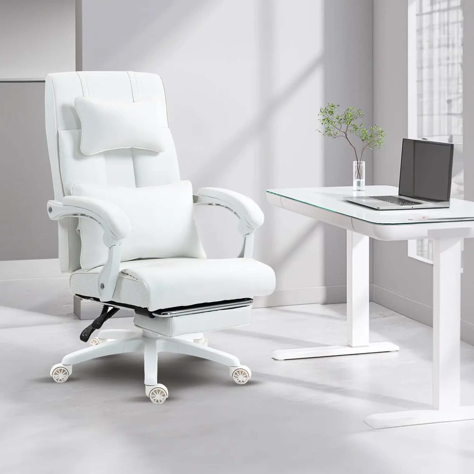 DOWINX Leather Office Chair, Ergonomic PU Gaming Computer Chair with Footrest, Lumbar Support, Swivel Wheels for Home, Office - LS-6653P
