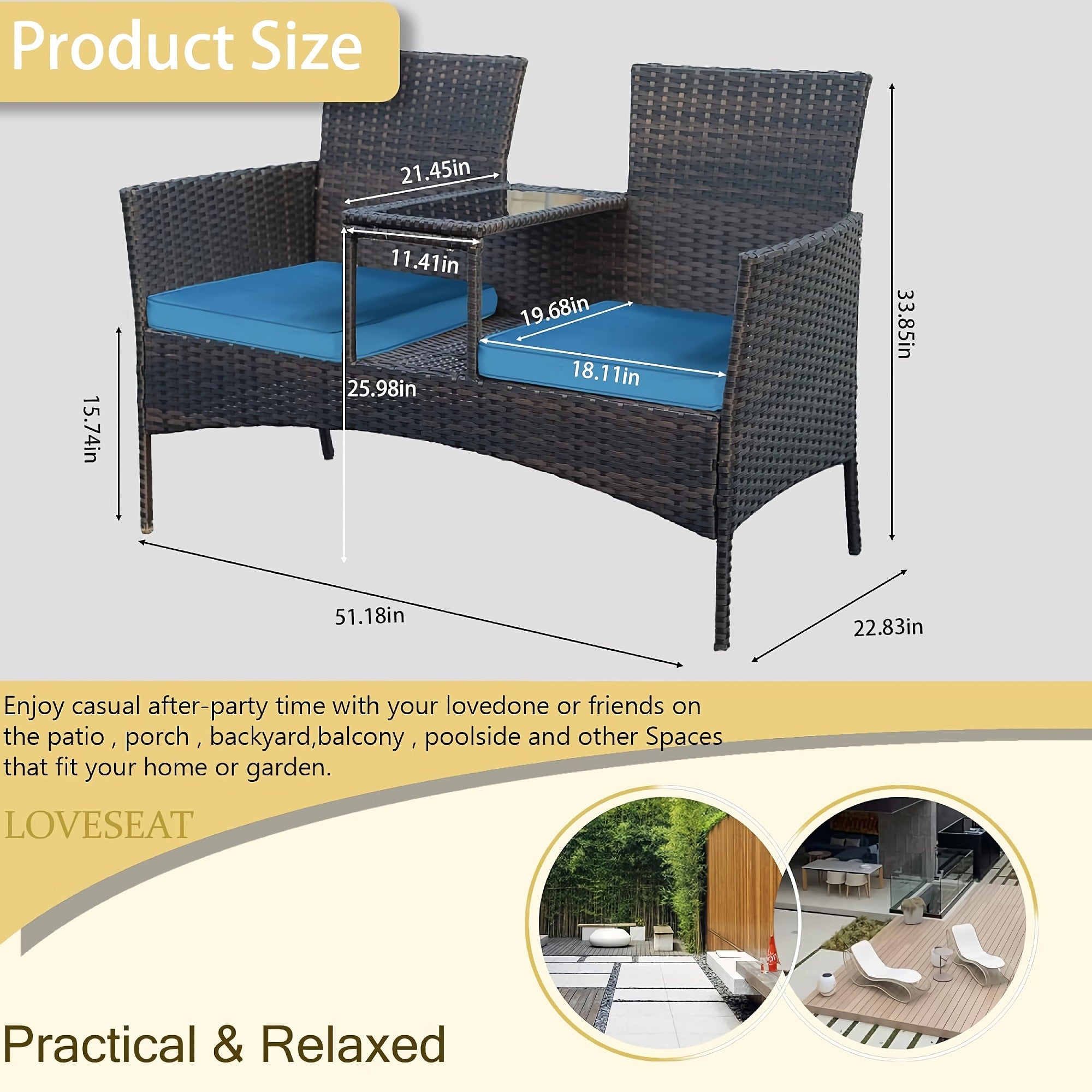 Patio Loveseat Set, Outdoor 2-Seat Rattan Leisure Furniture with Storage Compartment, Soft Cushion for Home, Patio, Garden, Courtyard (Light Blue) - CY-OUT025