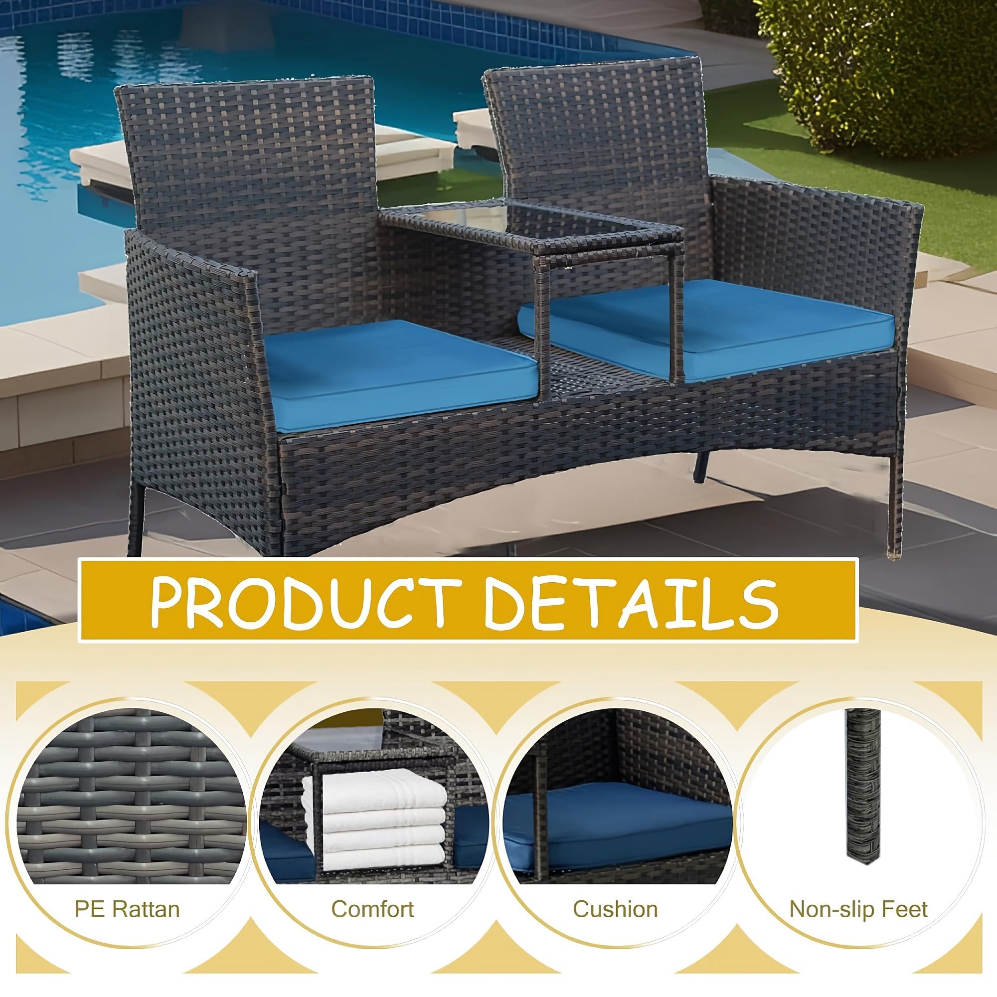 Patio Loveseat Set, Outdoor 2-Seat Rattan Leisure Furniture with Storage Compartment, Soft Cushion for Home, Patio, Garden, Courtyard (Light Blue) - CY-OUT025