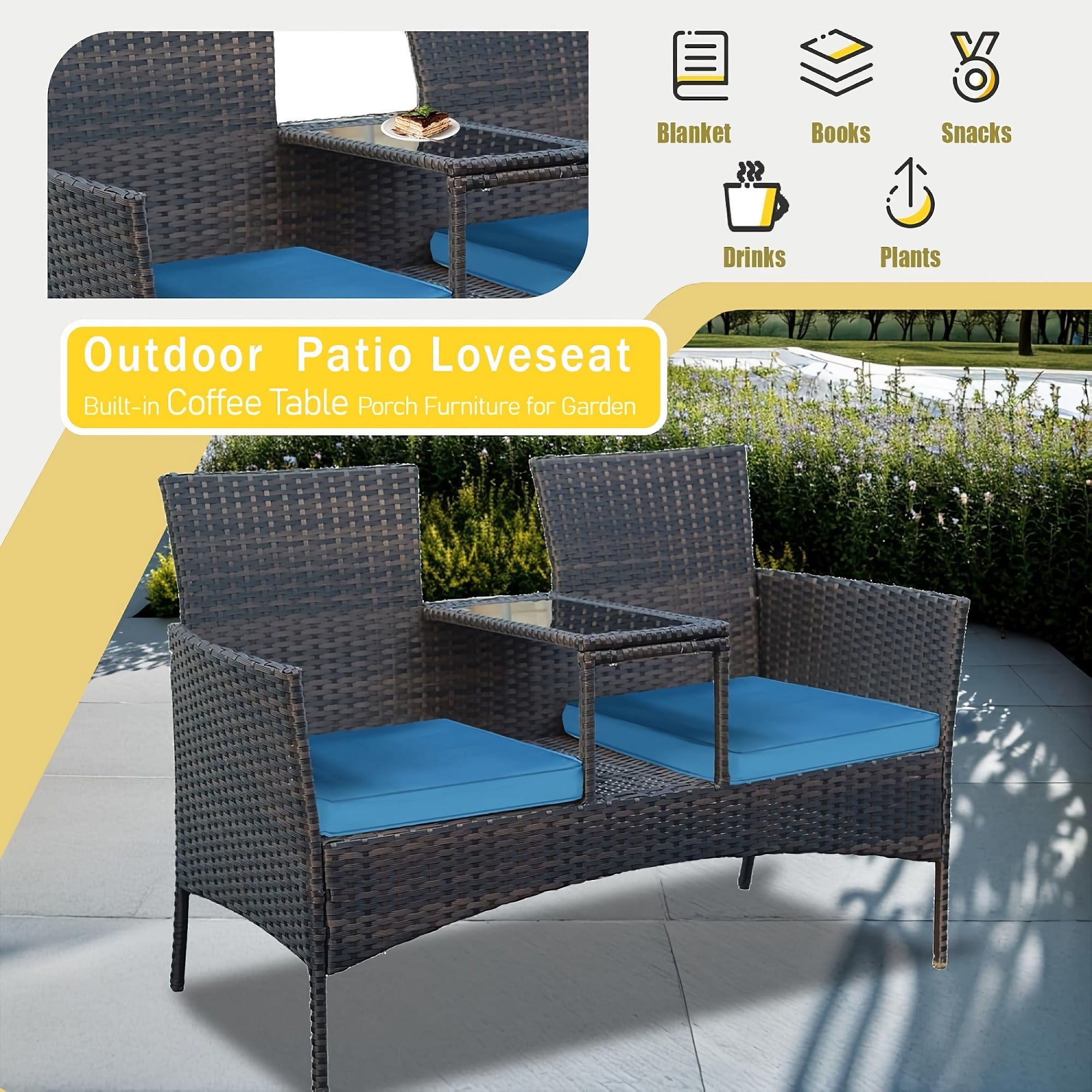 Patio Loveseat Set, Outdoor 2-Seat Rattan Leisure Furniture with Storage Compartment, Soft Cushion for Home, Patio, Garden, Courtyard (Light Blue) - CY-OUT025