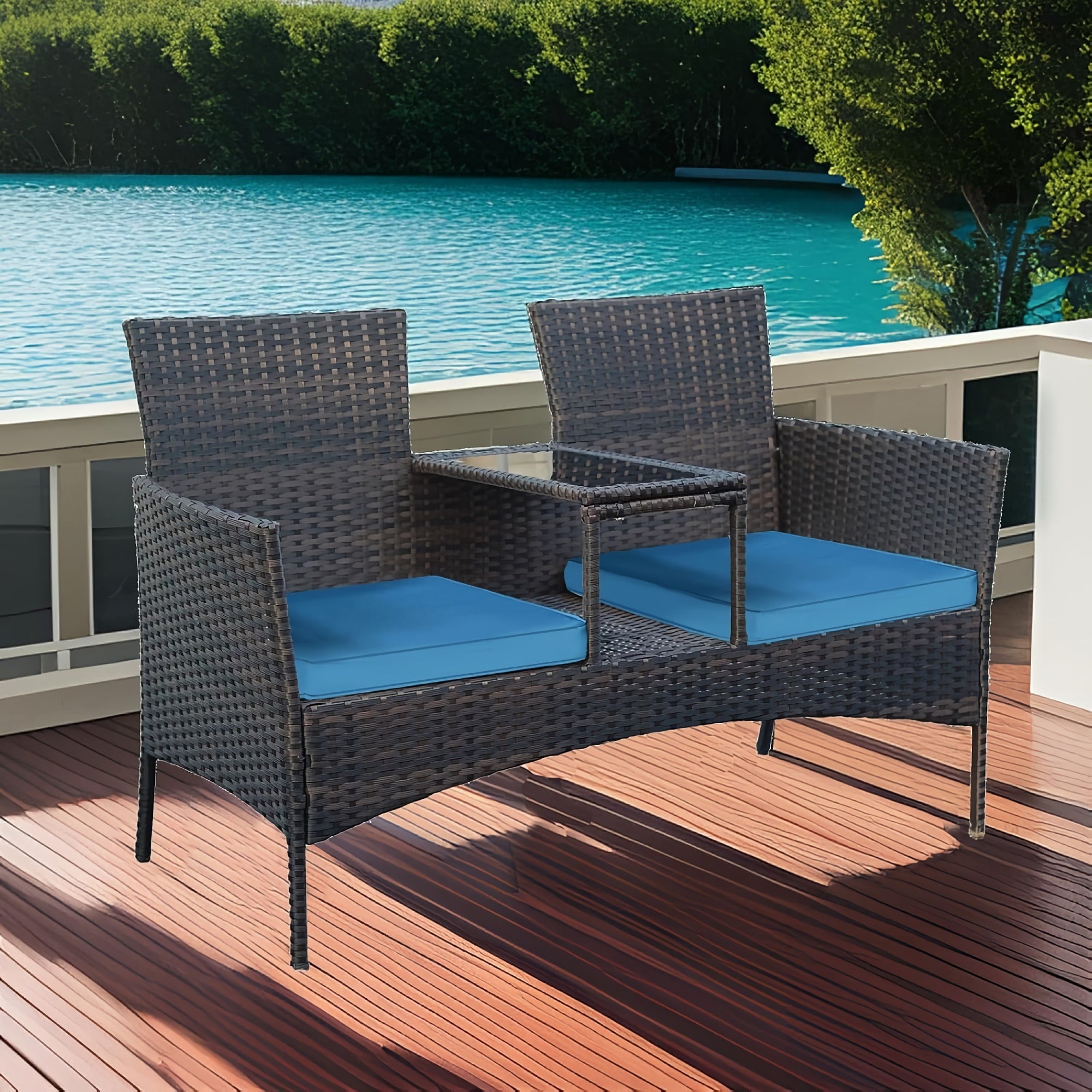 Patio Loveseat Set, Outdoor 2-Seat Rattan Leisure Furniture with Storage Compartment, Soft Cushion for Home, Patio, Garden, Courtyard (Light Blue) - CY-OUT025