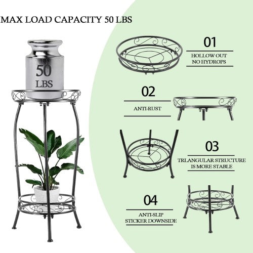 2-Tier Plant Stand, 69cm Tall Metal Rustproof Rack for Indoor, Outdoor, Home, Living Room, Patio, Garden (Black)