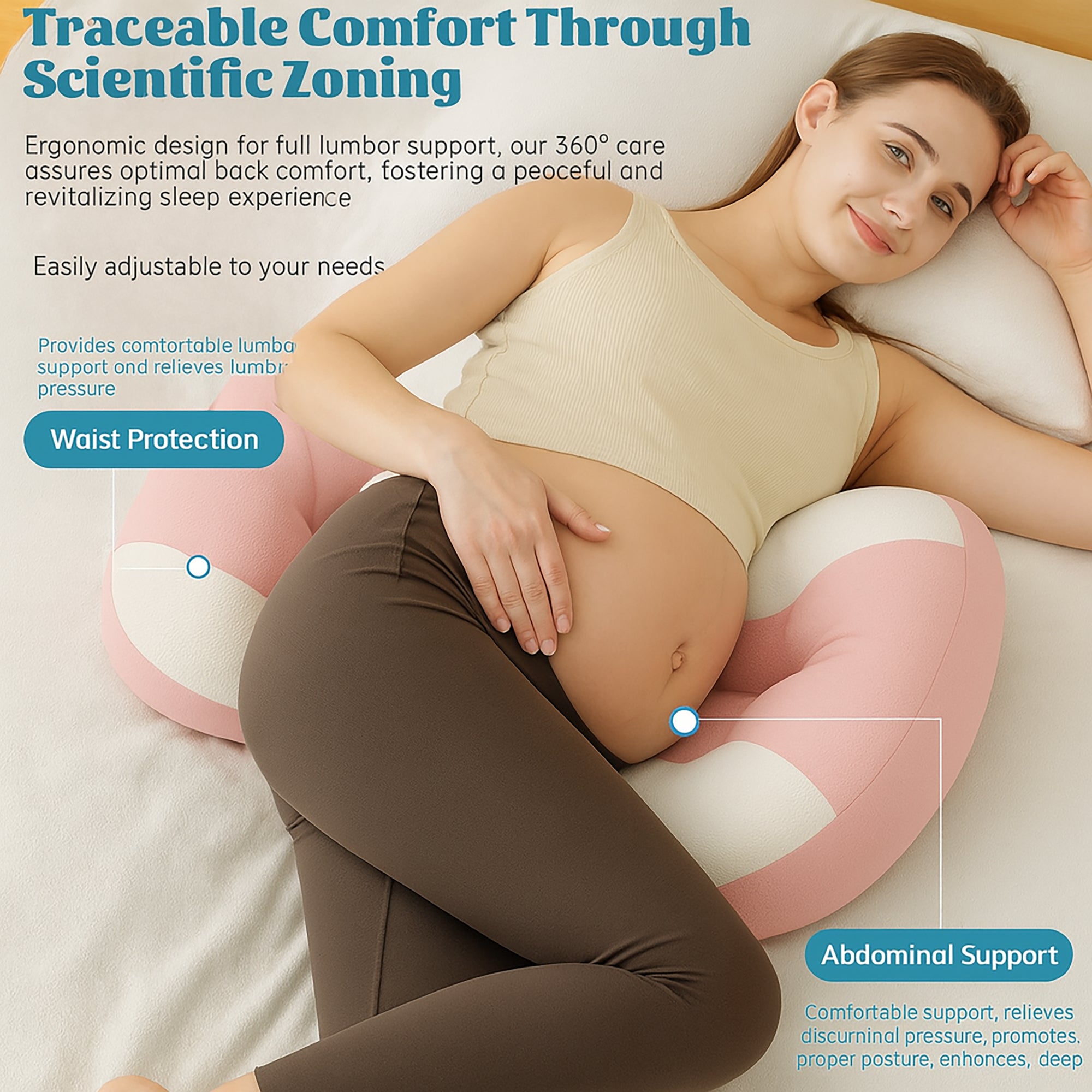Ergonomic Pregnancy Pillow with Adjustable Velcro Strap, Full Body Support for Belly, Back & Waist – Breathable, Machine Washable Maternity Cushion for Sleeping, Reading & Relaxation