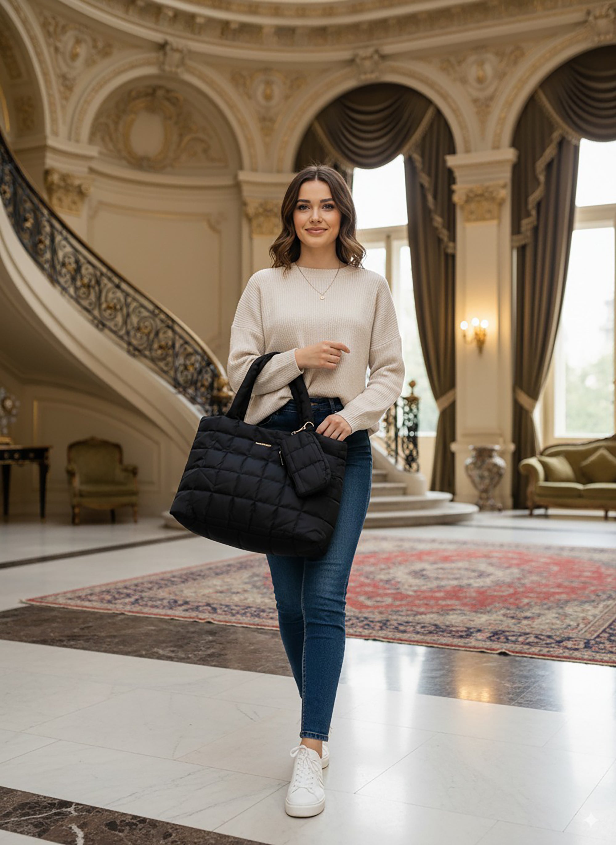 Quilted Tote Handbag with Detachable Pouch, Lightweight Large Capacity Shoulder Bag for Women – Stylish Work, Travel & Everyday Use