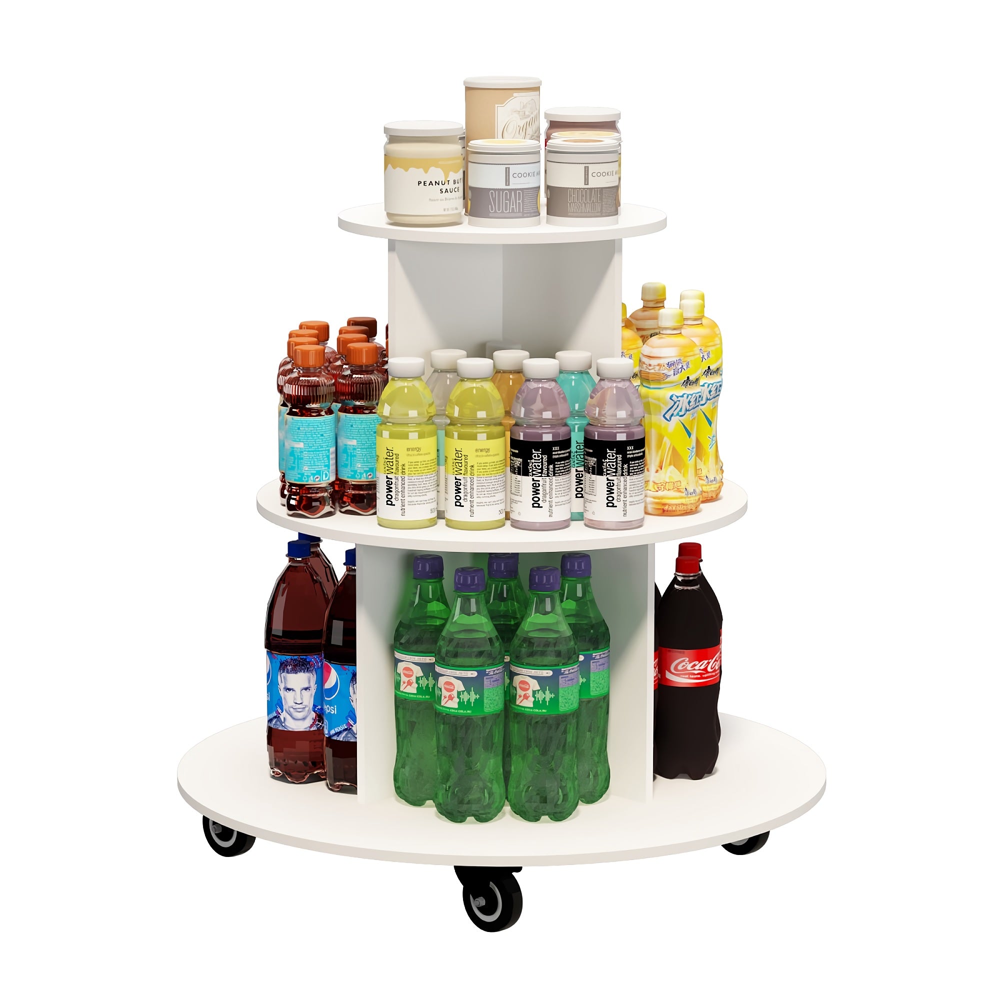 3-Tier Rotating Display Cart, Multifuctional Mobile Stand with 360° Rotating Wheels for Drinks, Snacks, Cosmetics, Toys (Round)