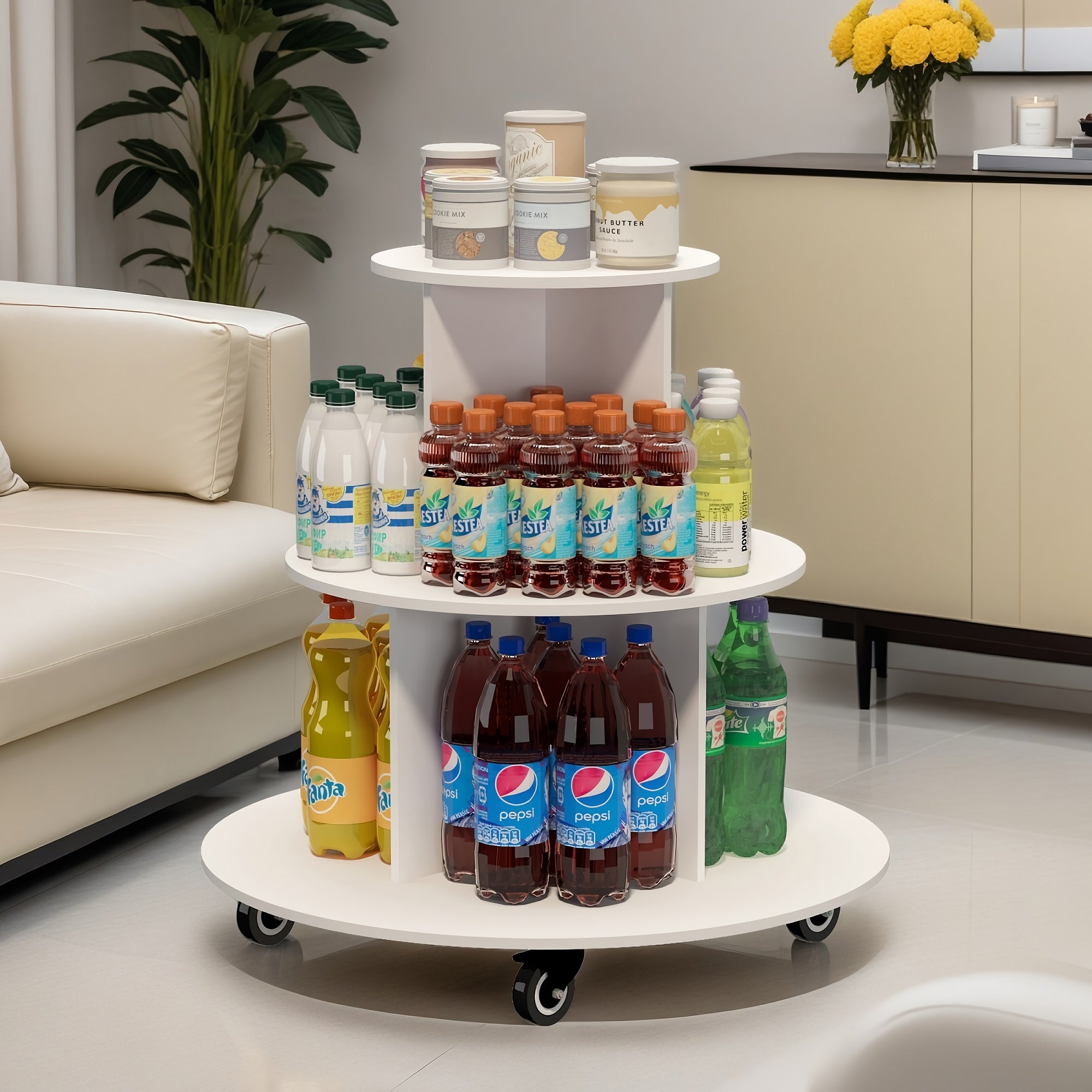 3-Tier Rotating Display Cart, Multifuctional Mobile Stand with 360° Rotating Wheels for Drinks, Snacks, Cosmetics, Toys (Round)