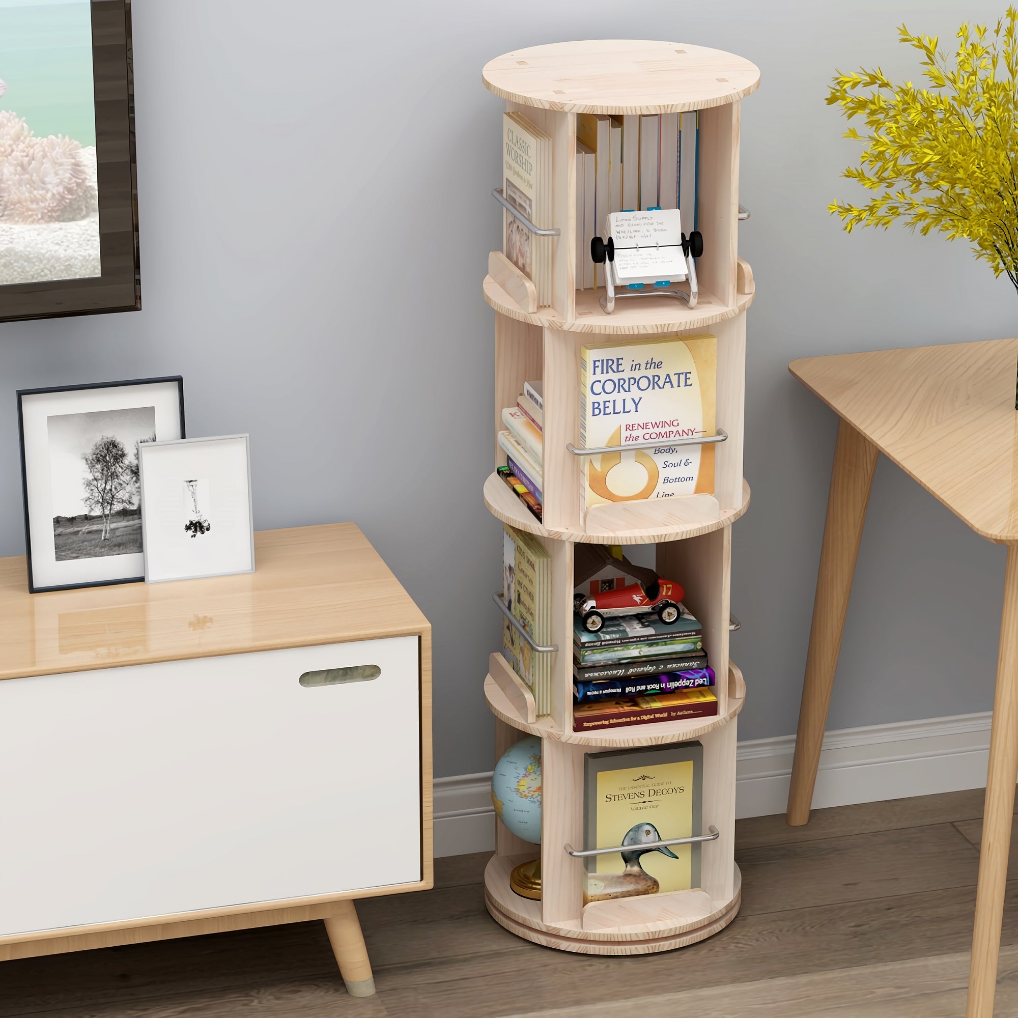 4 Tier Rotating Bookshelf with Wheels, 360° Solid Wood Rotating Stackable Shelves Bookshelf Organizer for Home, Bedroom, Office