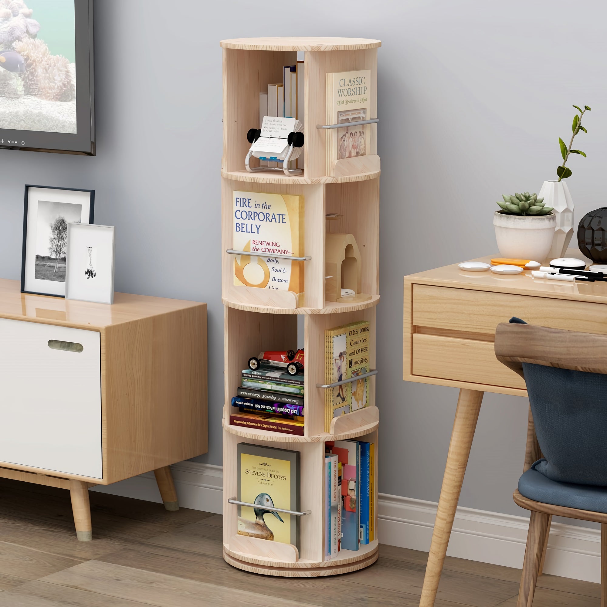 4 Tier Rotating Bookshelf with Wheels, 360° Solid Wood Rotating Stackable Shelves Bookshelf Organizer for Home, Bedroom, Office