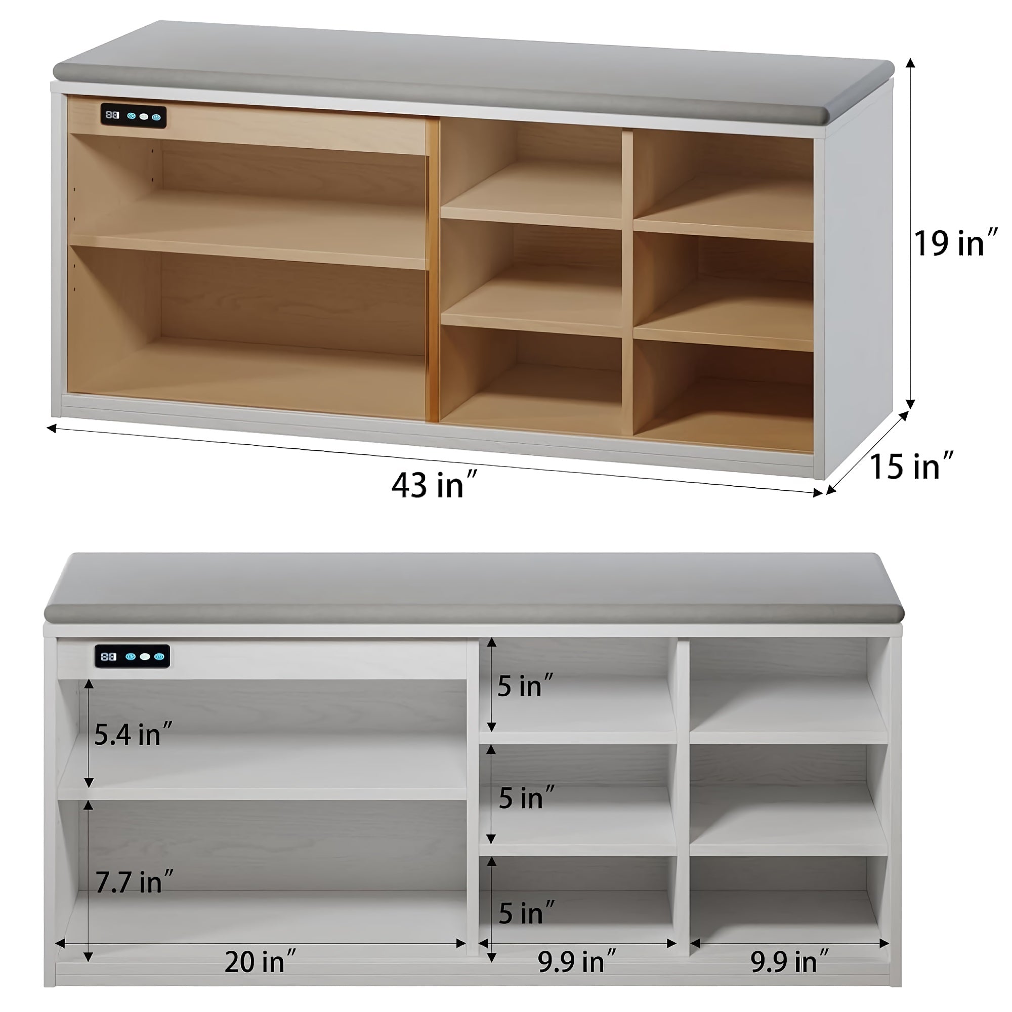 Shoe Storage Bench, 6 Storage Entryway Cabinet with Teal Glass Door, Adjustable Shelves, Deodorization & Negative-Ion Technology for Home, Entryway, Living Room (White) - YJ-HXG-001