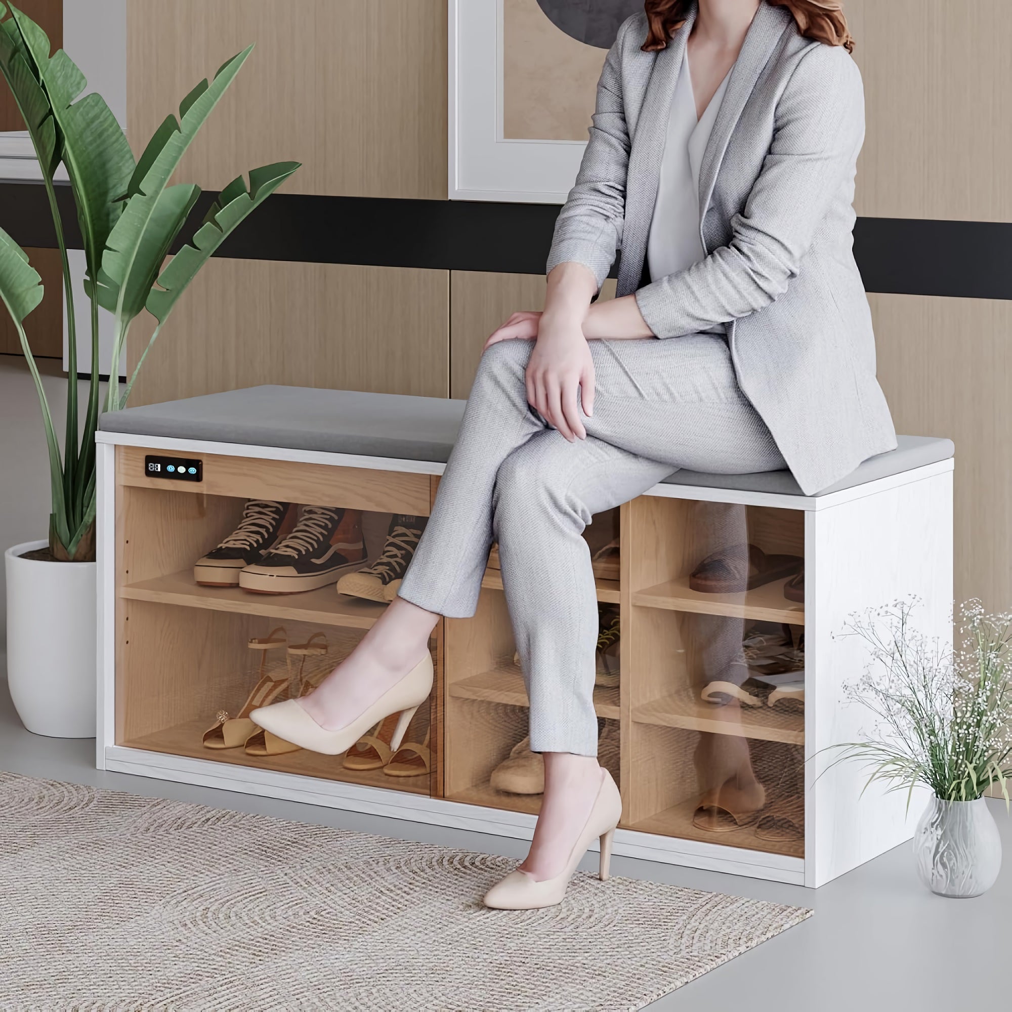 Shoe Storage Bench, 6 Storage Entryway Cabinet with Teal Glass Door, Adjustable Shelves, Deodorization & Negative-Ion Technology for Home, Entryway, Living Room (White) - YJ-HXG-001