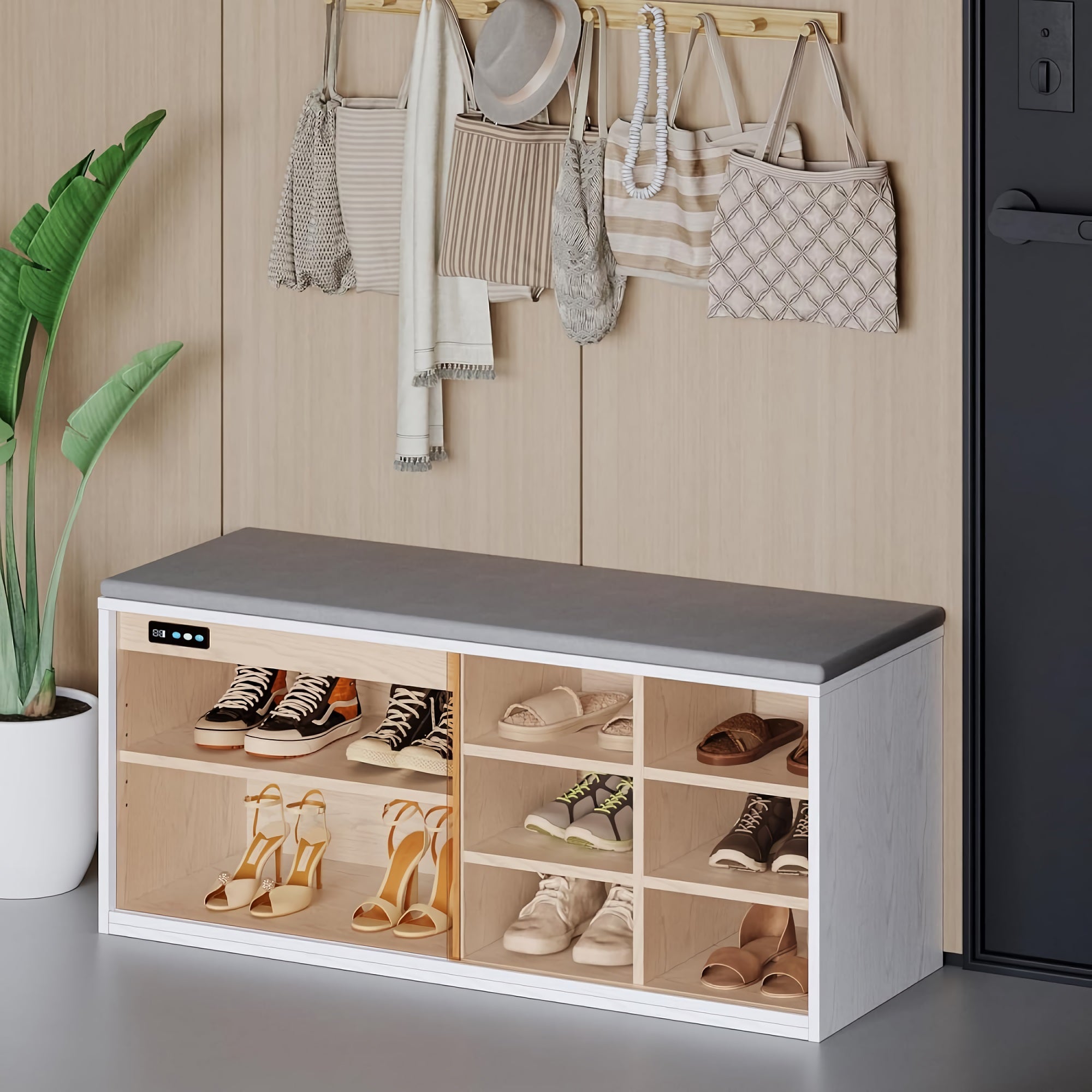 Shoe Storage Bench, 6 Storage Entryway Cabinet with Teal Glass Door, Adjustable Shelves, Deodorization & Negative-Ion Technology for Home, Entryway, Living Room (White) - YJ-HXG-001